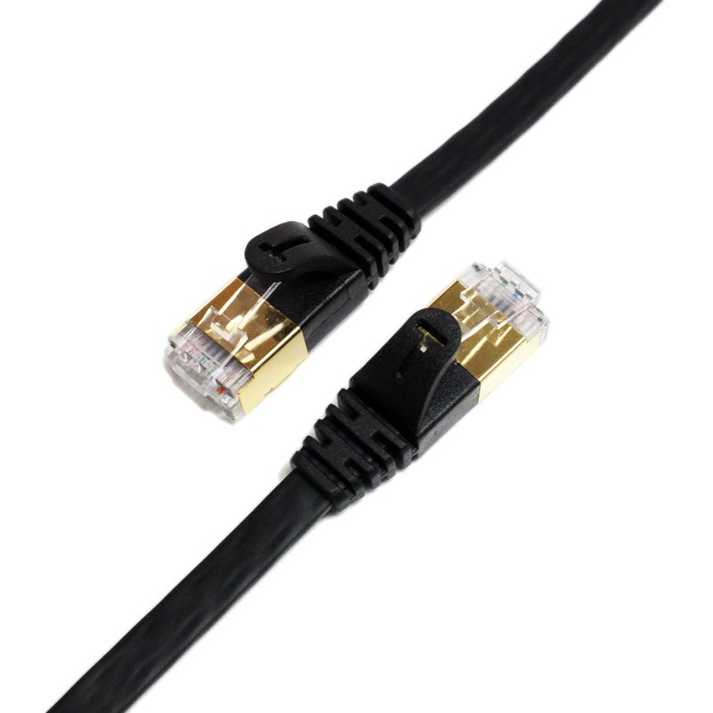 Tera Grand - 50FT - CAT7 10 Gigabit Ethernet Ultra Flat Patch Cable for Modem Router LAN Network, Gold Plated Shielded RJ45 Connectors, Faster Than CAT6a CAT6 CAT5e, Black - Image 1